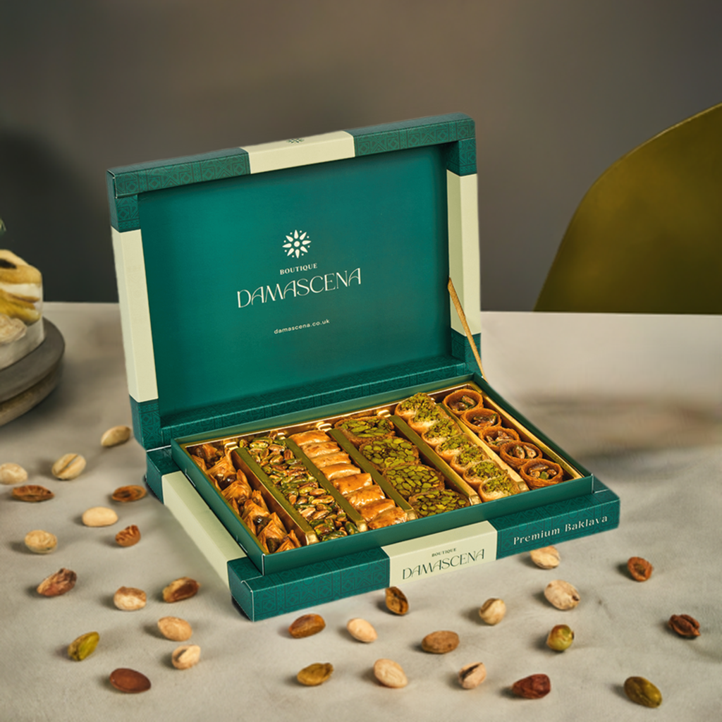 Open 450g box of baklava featuring six rows, each containing a different type of Arabic baklava: Baklawa, Ush al Bulbul, Mabruma, Bukaj, Kol wa Shkor, and Asabi Halabi, all generously topped with chopped pistachios, displayed in an assortment of cuts and designs.